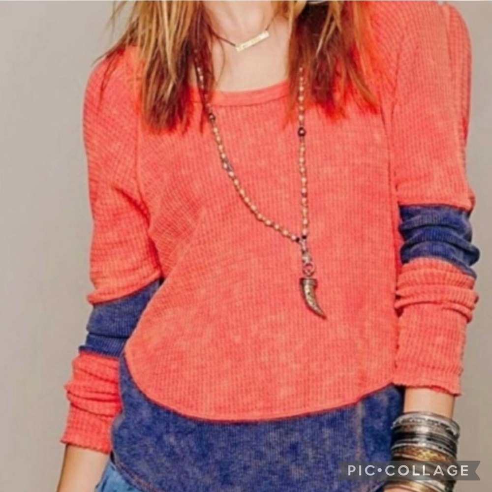 We The Free Diamond Dozen Waffle Thermal Top Size M Distressed Boho Vibrant